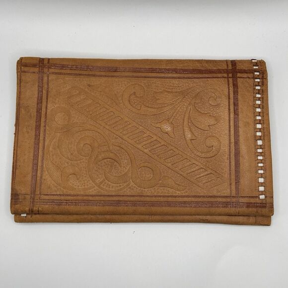 Morrocan Hand Tooled Leather Wallet 6.5x 4.25 Tan Brown - Picture 3 of 11